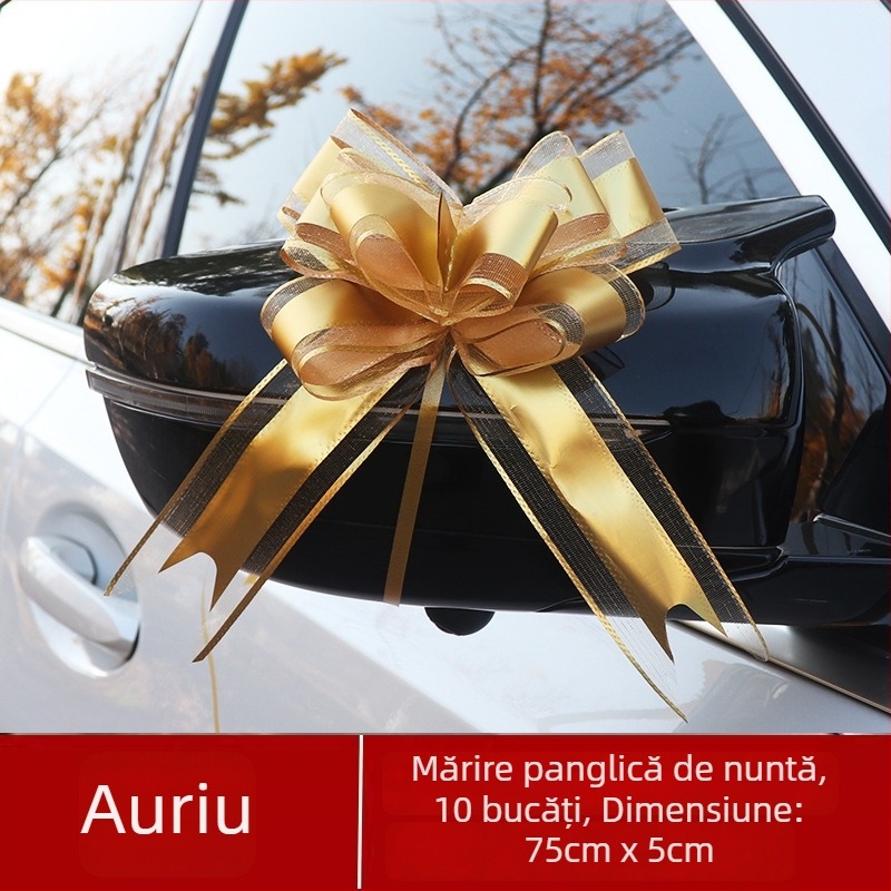 Decorațiune pentru mașina de nuntă — Mare funda pentru mânerele ușilor, panglică și floare de tras (Material: plastic; Destinație: nuntă; Categorie: recuzită pentru decorarea spațiului; Elemente: panglică, floare de tras)