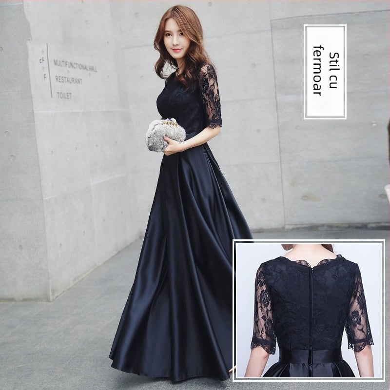 Rochie de seară, croială A-line, talie înaltă, mâneci trei sferturi, lungă, țesătură din poliester