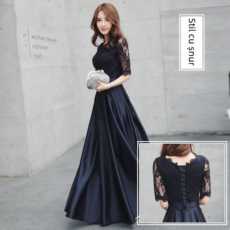 Rochie de seară, croială A-line, talie înaltă, mâneci trei sferturi, lungă, țesătură din poliester