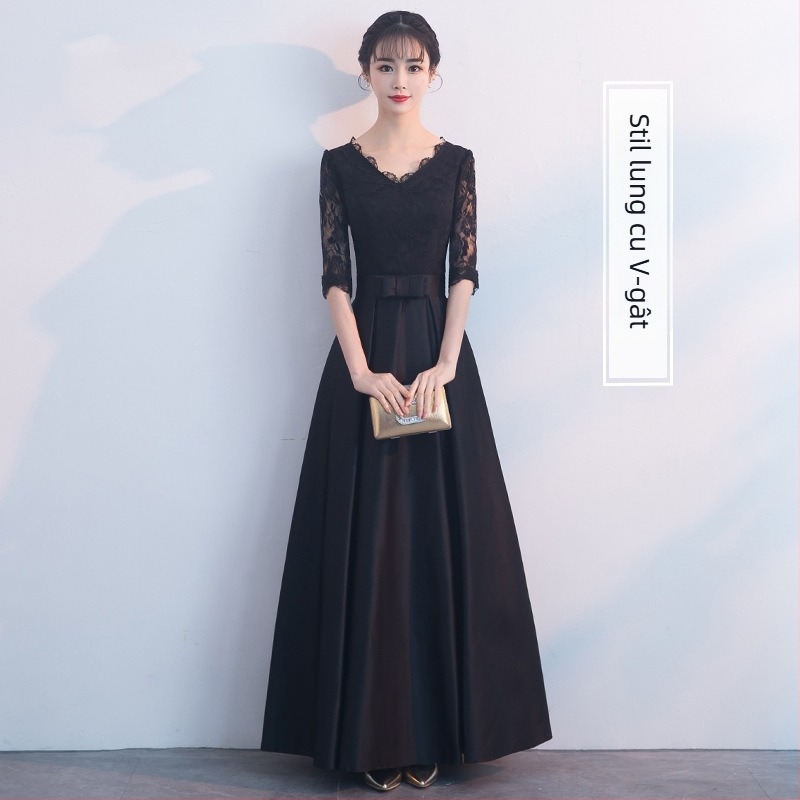 Rochie de seară, croială A-line, talie înaltă, mâneci trei sferturi, lungă, țesătură din poliester