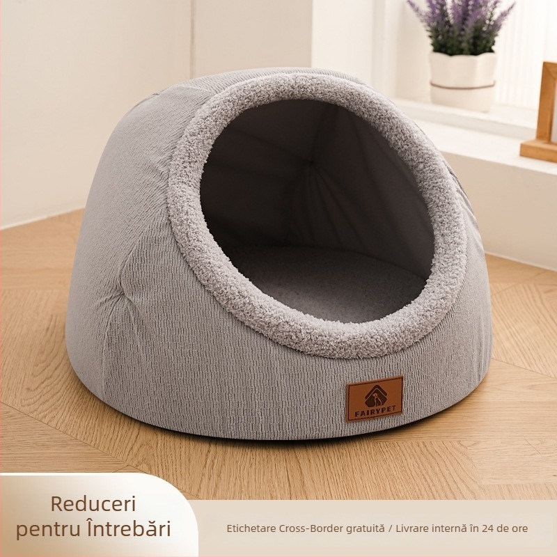 Cuib pentru pisici de iarnă — îngroșat, semi-închis, cald și sigur, din PP cotton, brand Little Fairy.