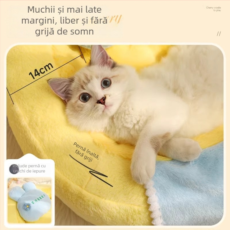 Cuib de pisică - poliester + bumbac PP, pat de iarnă semiînchis pentru pisici, cuib pentru animale de companie