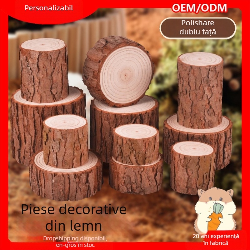 Set decorativ din lemn pentru cușca de hamster: bucăți de pin cu scoarță, stâlpi rotunzi din lemn, ornamente din lemn masiv, scări de cățărare și platformă‑gard pentru jucării