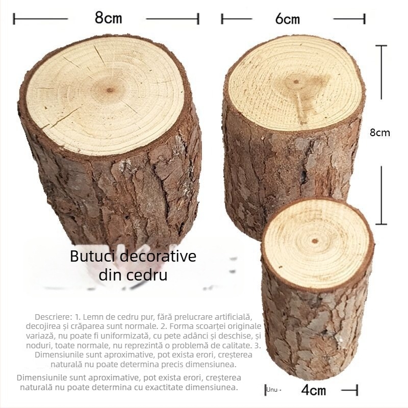 Set decorativ din lemn pentru cușca de hamster: bucăți de pin cu scoarță, stâlpi rotunzi din lemn, ornamente din lemn masiv, scări de cățărare și platformă‑gard pentru jucării