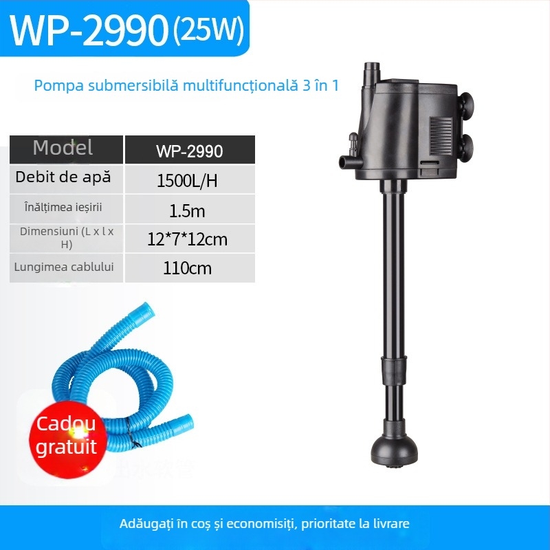 Pompa submersibilă trei în unu pentru acvariu, filtrare și oxigenare, din plastic