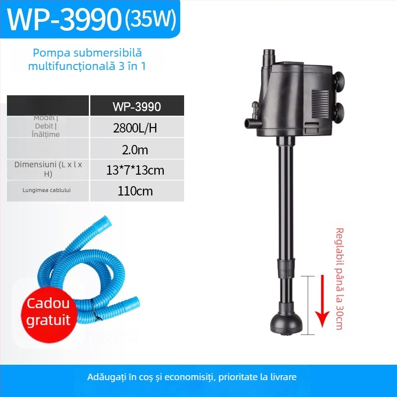 Pompa submersibilă trei în unu pentru acvariu, filtrare și oxigenare, din plastic