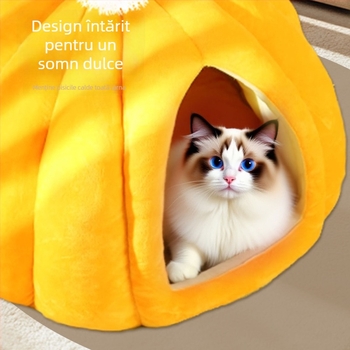 Cuib de pisică în formă de dovleac – cald pentru iarnă, semi-închis, respirabil, din PP bumbac, pentru interior/ exterior