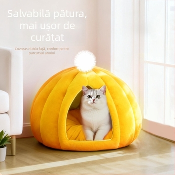 Cuib de pisică în formă de dovleac – cald pentru iarnă, semi-închis, respirabil, din PP bumbac, pentru interior/ exterior