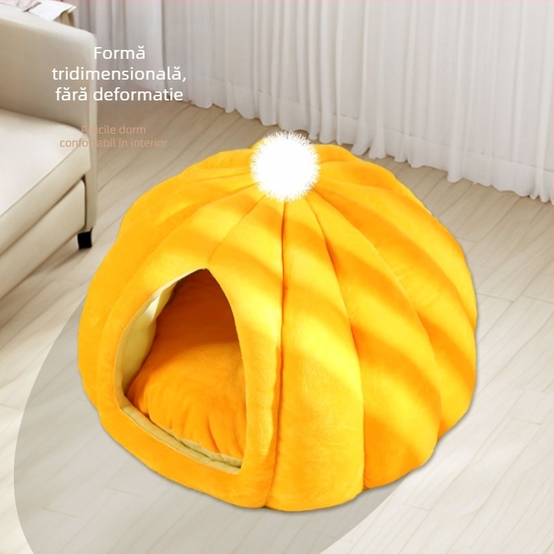 Cuib de pisică în formă de dovleac – cald pentru iarnă, semi-închis, respirabil, din PP bumbac, pentru interior/ exterior