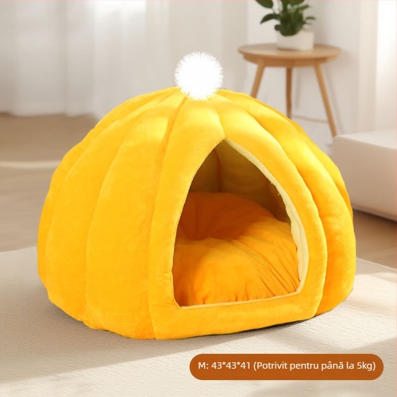 Cuib de pisică în formă de dovleac – cald pentru iarnă, semi-închis, respirabil, din PP bumbac, pentru interior/ exterior