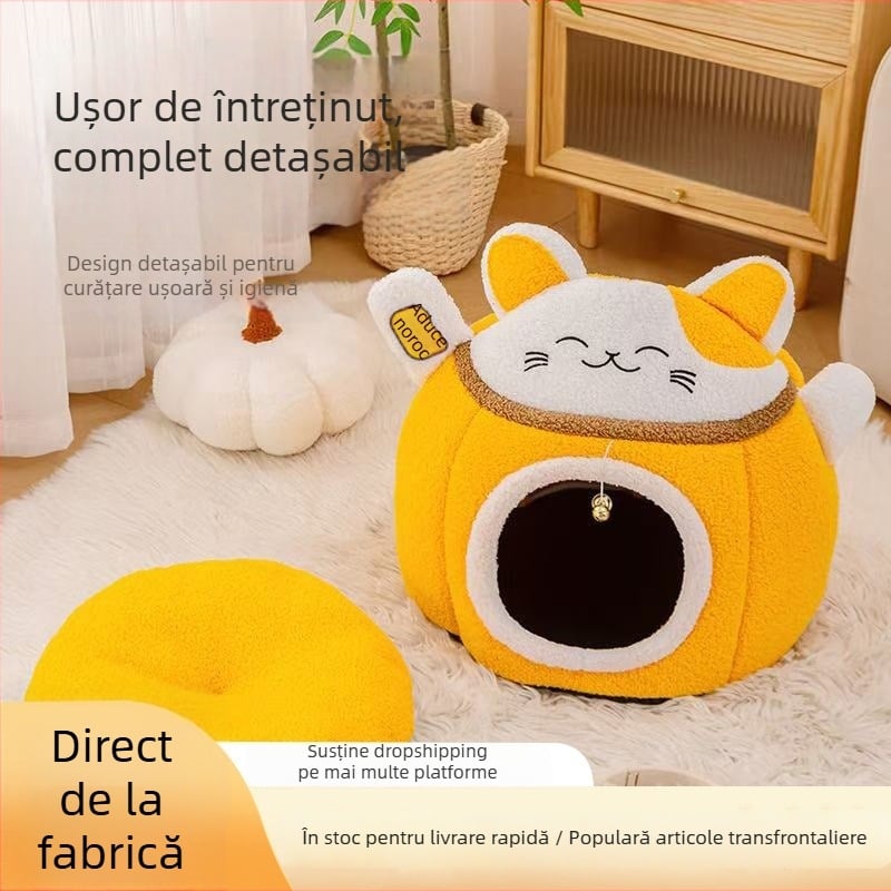 Cuib închis rotund pentru pisici, cald iarna, design spațios și norocos
