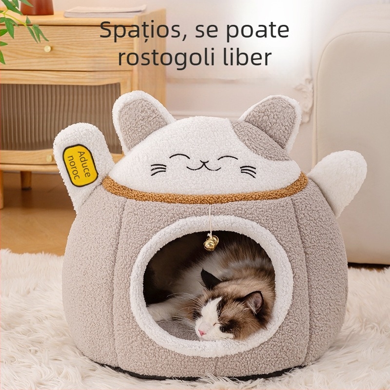 Cuib închis rotund pentru pisici, cald iarna, design spațios și norocos