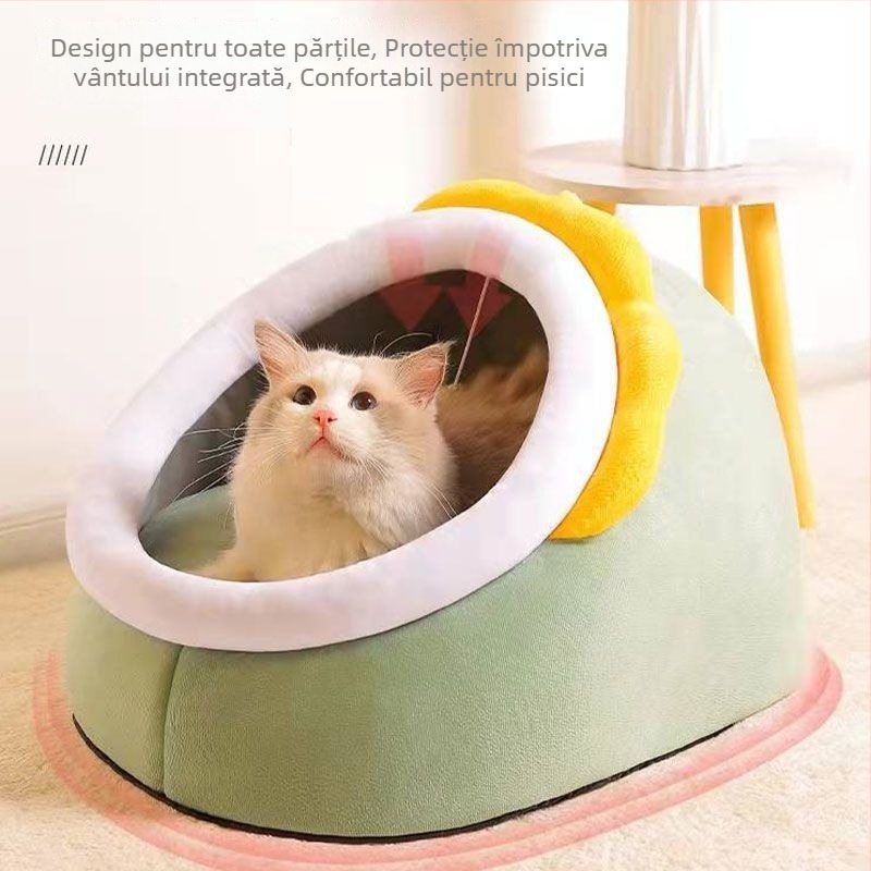 Cuib pentru pisici cu design de dinozaur drăguț — semi-închis, pentru toate anotimpurile, KUCHI