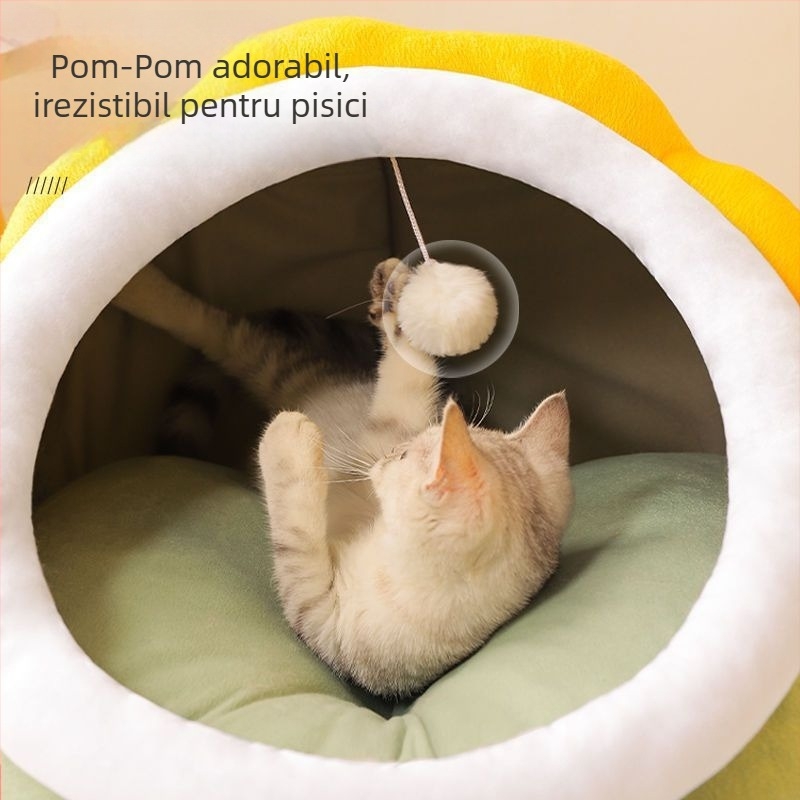 Cuib pentru pisici cu design de dinozaur drăguț — semi-închis, pentru toate anotimpurile, KUCHI
