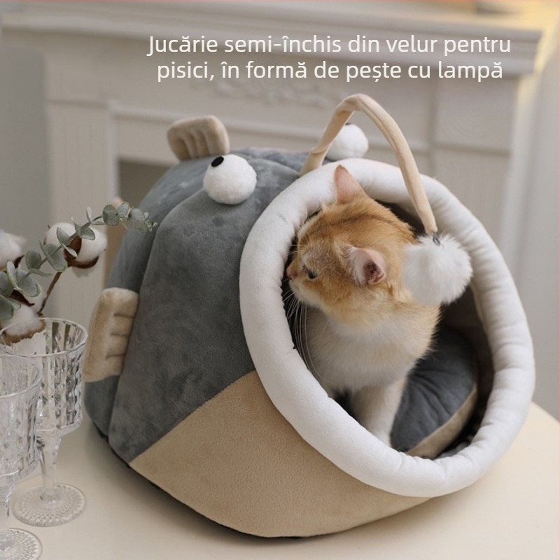 Cuib pentru pisici cu design de dinozaur drăguț — semi-închis, pentru toate anotimpurile, KUCHI