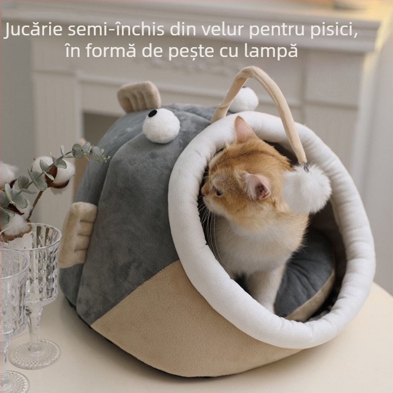 Cuib pentru pisici cu design de dinozaur drăguț — semi-închis, pentru toate anotimpurile, KUCHI