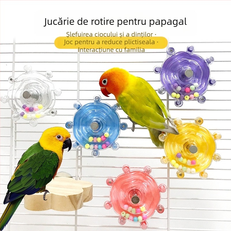 Jucărie de plastic pentru papagal cu disc rotativ în formă de UFO