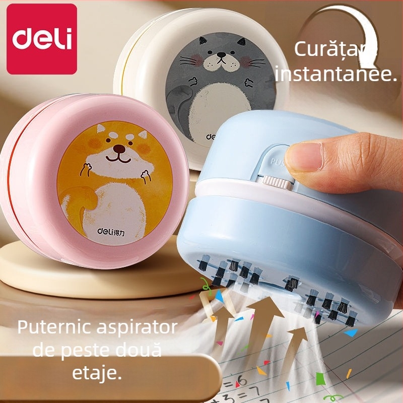 Curățitor de birou, aspirator electric reîncărcabil, construcție din plastic, design în stil desen animat, pentru curățarea resturilor de cauciuc și fulgilor de creion