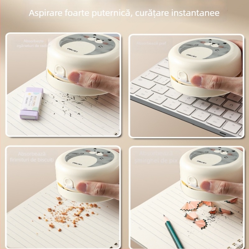 Curățitor de birou, aspirator electric reîncărcabil, construcție din plastic, design în stil desen animat, pentru curățarea resturilor de cauciuc și fulgilor de creion