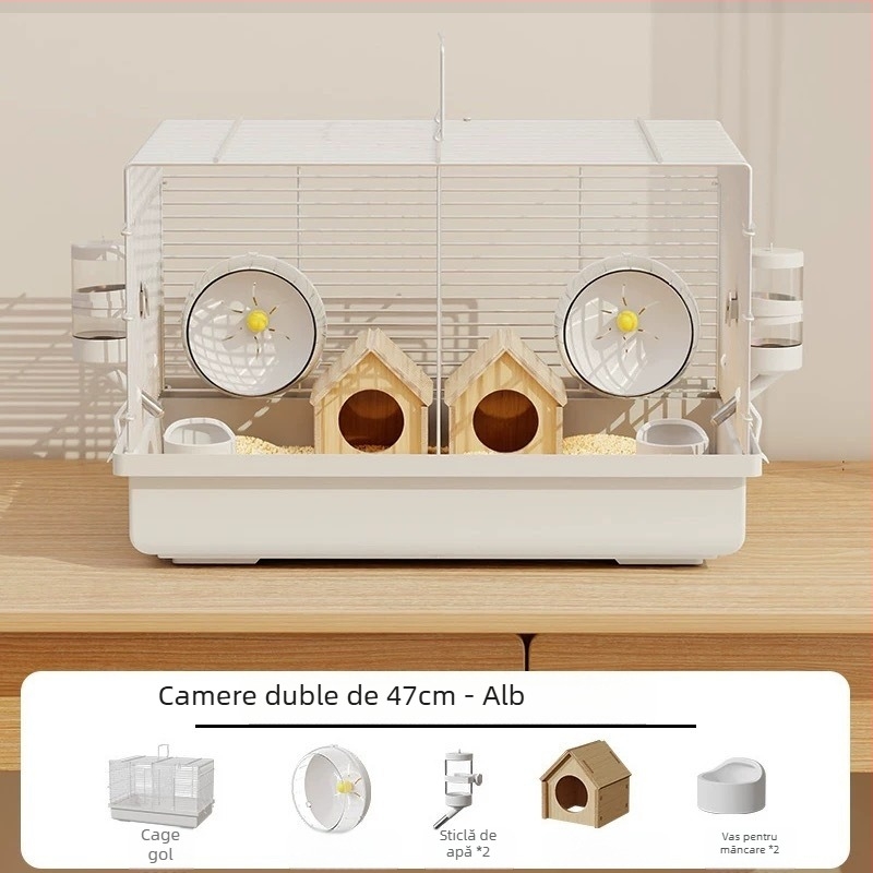 Cușcă metalică pentru hamster, cu două compartimente independente, design împărțit, marca Xingxingwen, potrivită pentru toate sezoanele.