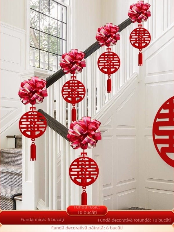 Set decorare balustradă scară de nuntă din material nețesut, cu panglică și flori; pentru nunți; decor spațiu; brand Orange Nuoyi Bai