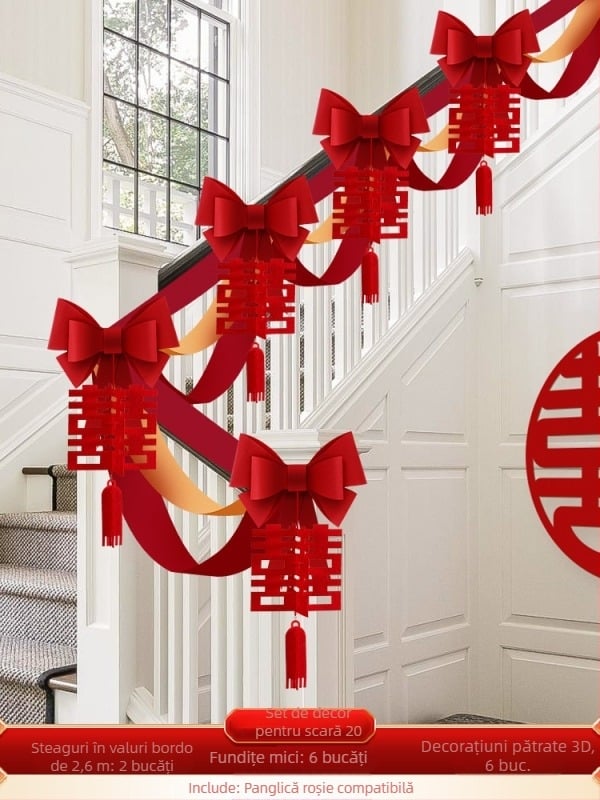 Set decorare balustradă scară de nuntă din material nețesut, cu panglică și flori; pentru nunți; decor spațiu; brand Orange Nuoyi Bai