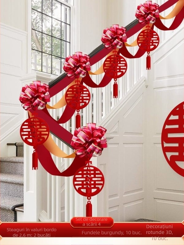 Set decorare balustradă scară de nuntă din material nețesut, cu panglică și flori; pentru nunți; decor spațiu; brand Orange Nuoyi Bai
