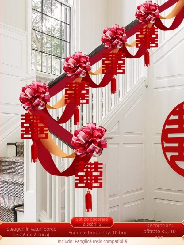 Set decorare balustradă scară de nuntă din material nețesut, cu panglică și flori; pentru nunți; decor spațiu; brand Orange Nuoyi Bai
