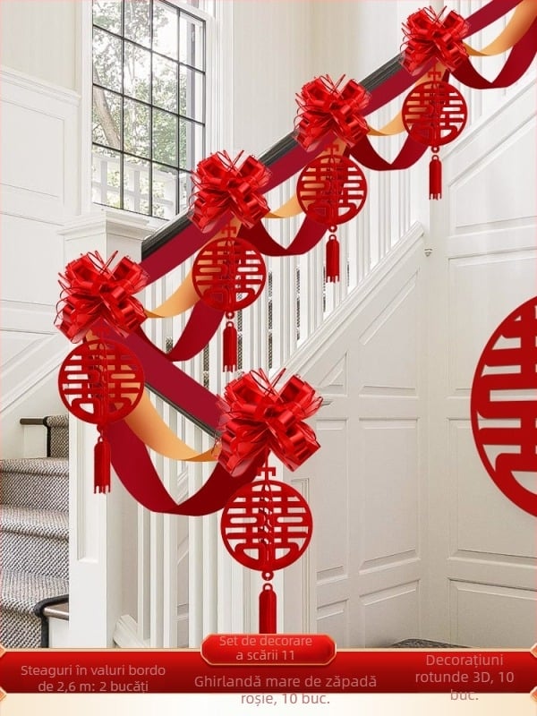 Set decorare balustradă scară de nuntă din material nețesut, cu panglică și flori; pentru nunți; decor spațiu; brand Orange Nuoyi Bai