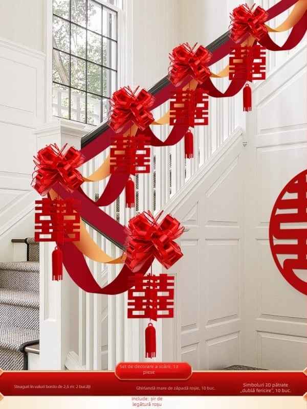 Set decorare balustradă scară de nuntă din material nețesut, cu panglică și flori; pentru nunți; decor spațiu; brand Orange Nuoyi Bai