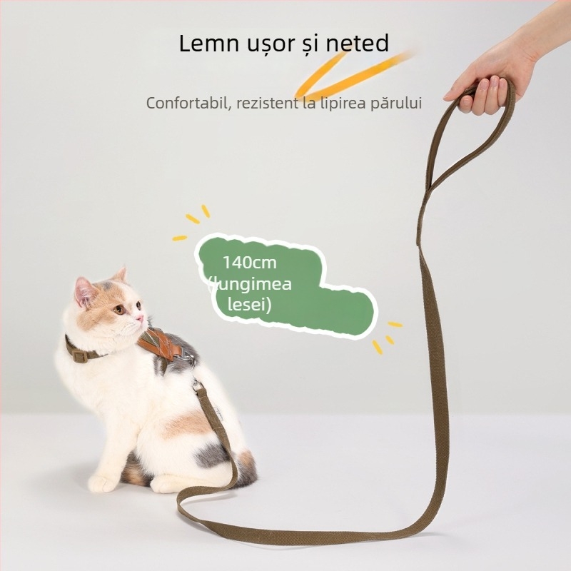 Set hamă și lesă pentru pisică - hamă vestă tip I, anti-ruptură, material suede PU