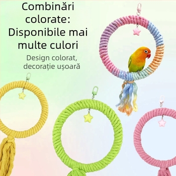 Jucărie de leagăn pentru papagal cu sfoară de bumbac și inele, model Tiger Skin Peony, accesoriu pentru cușcă