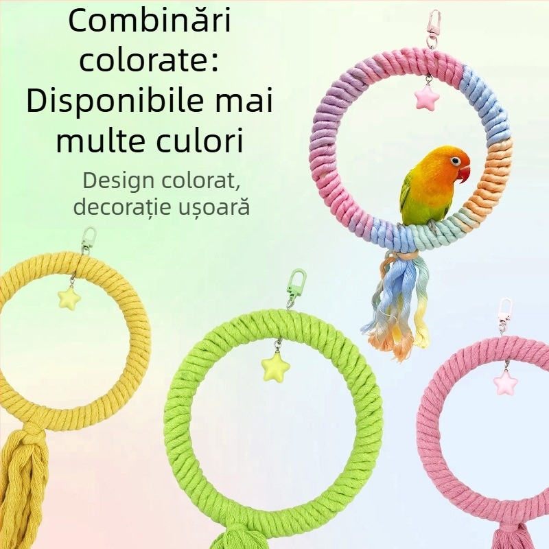 Jucărie de leagăn pentru papagal cu sfoară de bumbac și inele, model Tiger Skin Peony, accesoriu pentru cușcă