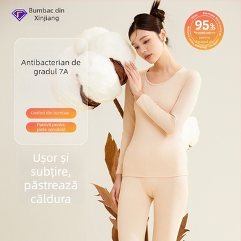 Set termic pentru femei, 95% bumbac, antibacterian, guler rotund, top pulover