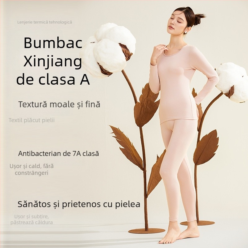 Set termic pentru femei, 95% bumbac, antibacterian, guler rotund, top pulover