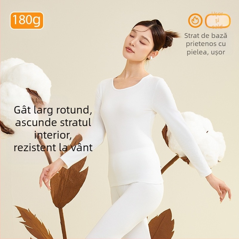 Set termic pentru femei, 95% bumbac, antibacterian, guler rotund, top pulover