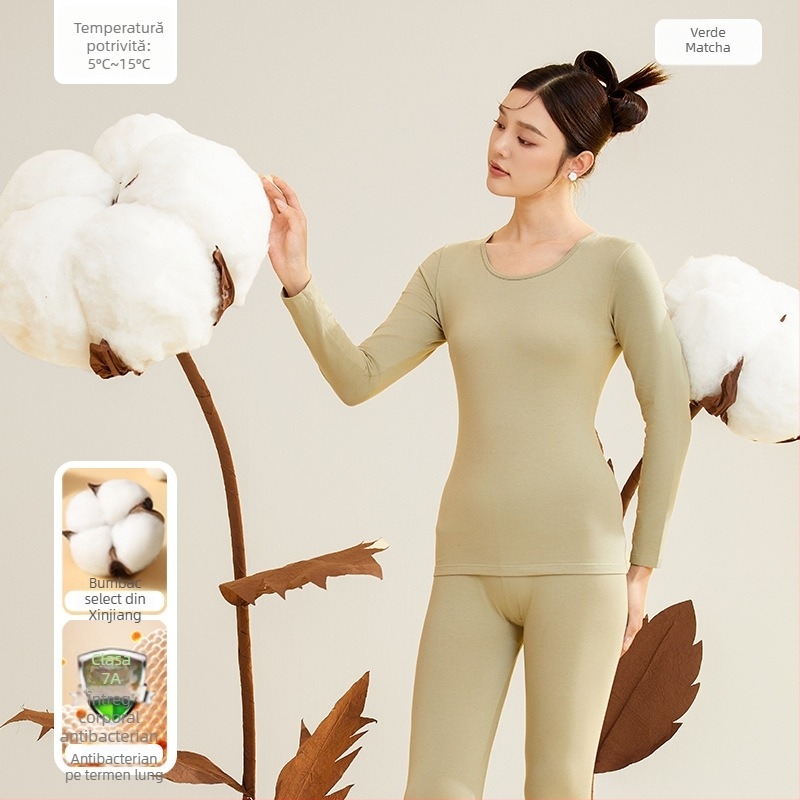 Set termic pentru femei, 95% bumbac, antibacterian, guler rotund, top pulover