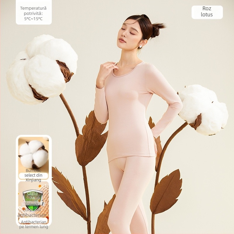 Set termic pentru femei, 95% bumbac, antibacterian, guler rotund, top pulover