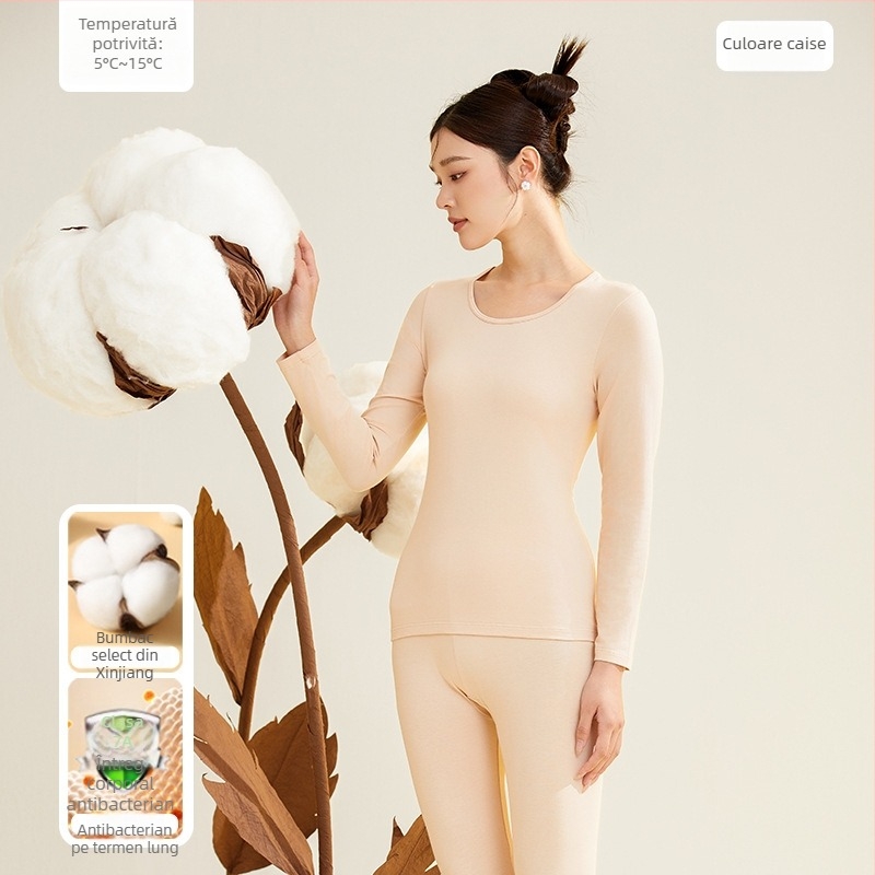 Set termic pentru femei, 95% bumbac, antibacterian, guler rotund, top pulover