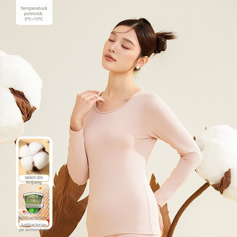 Set termic pentru femei, 95% bumbac, antibacterian, guler rotund, top pulover