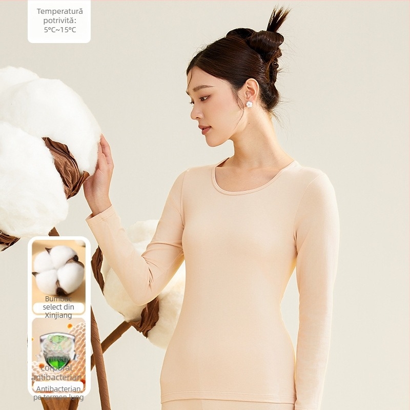 Set termic pentru femei, 95% bumbac, antibacterian, guler rotund, top pulover