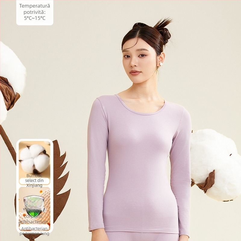 Set termic pentru femei, 95% bumbac, antibacterian, guler rotund, top pulover