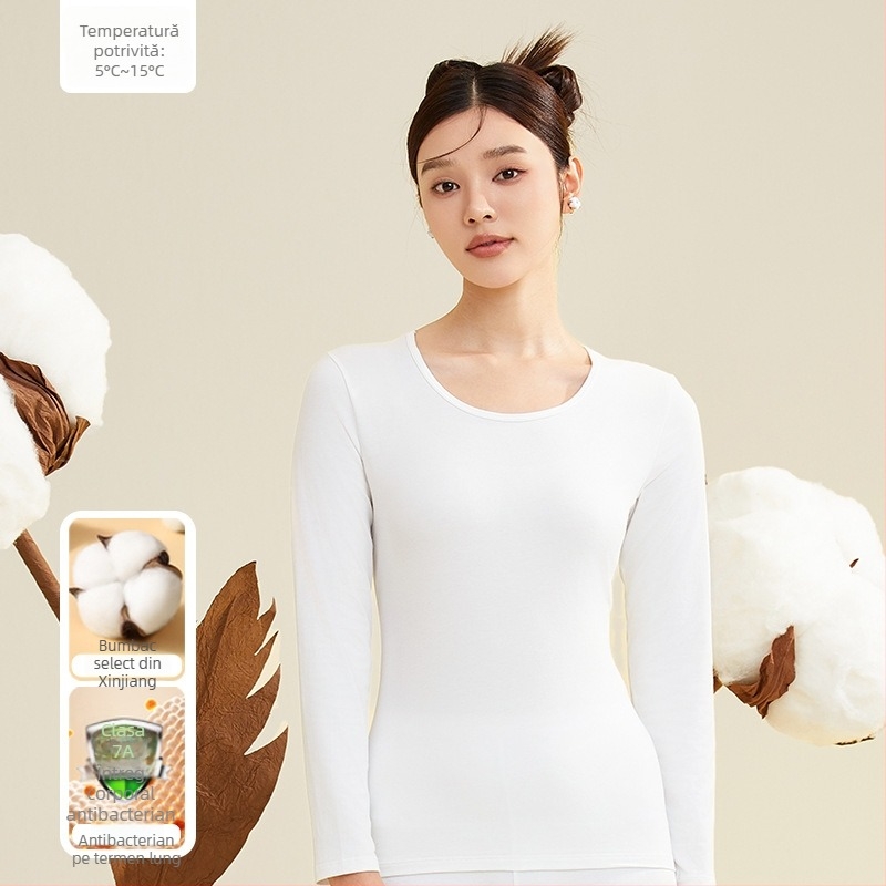 Set termic pentru femei, 95% bumbac, antibacterian, guler rotund, top pulover