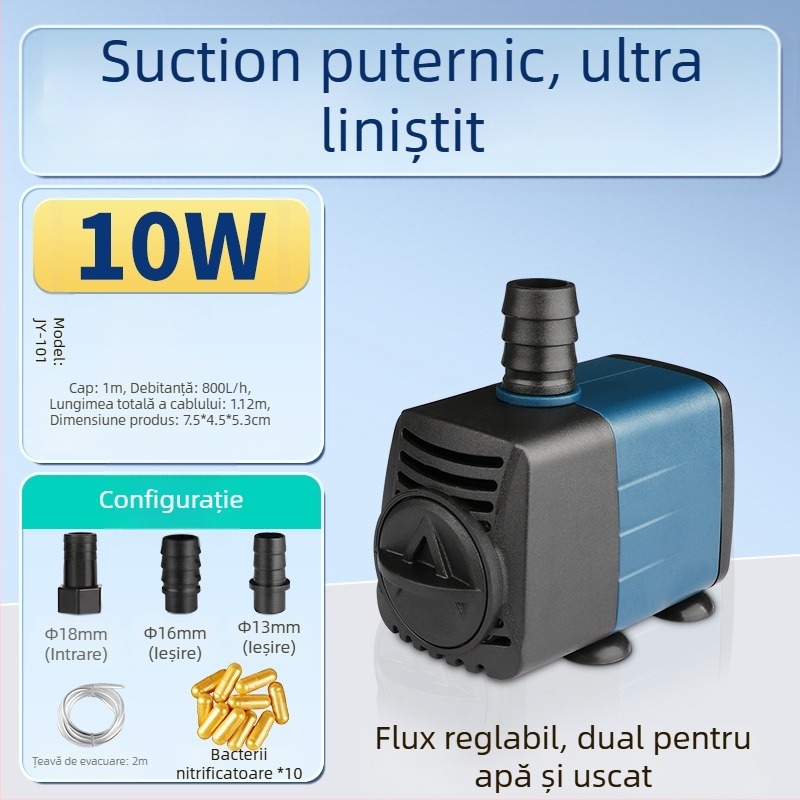 Pompa submersibilă pentru acvariu, cu aspirație laterală, circulație și filtrare, design amfibiu, foarte silențioasă