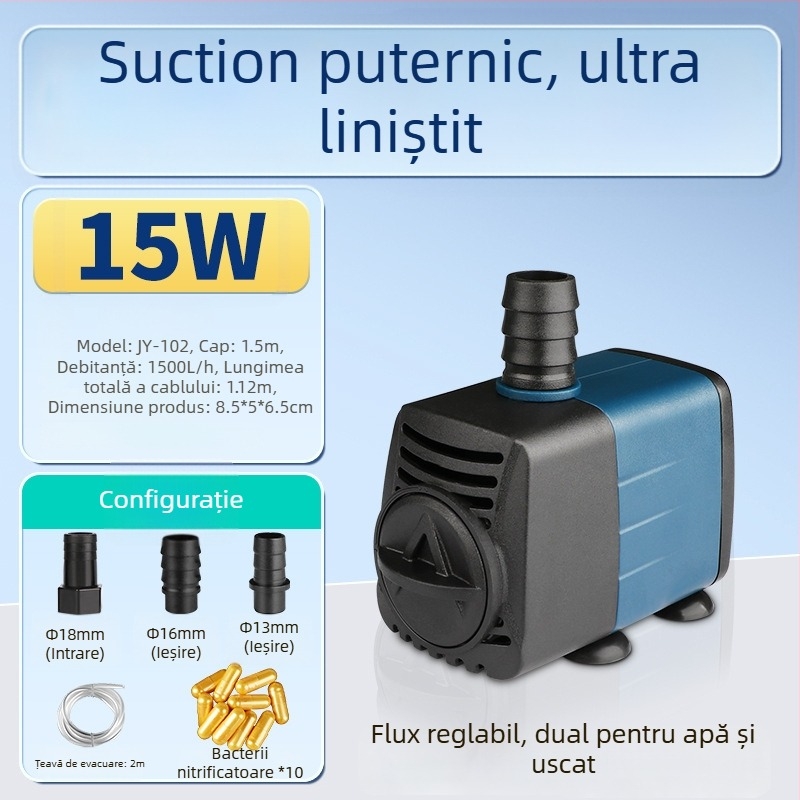 Pompa submersibilă pentru acvariu, cu aspirație laterală, circulație și filtrare, design amfibiu, foarte silențioasă