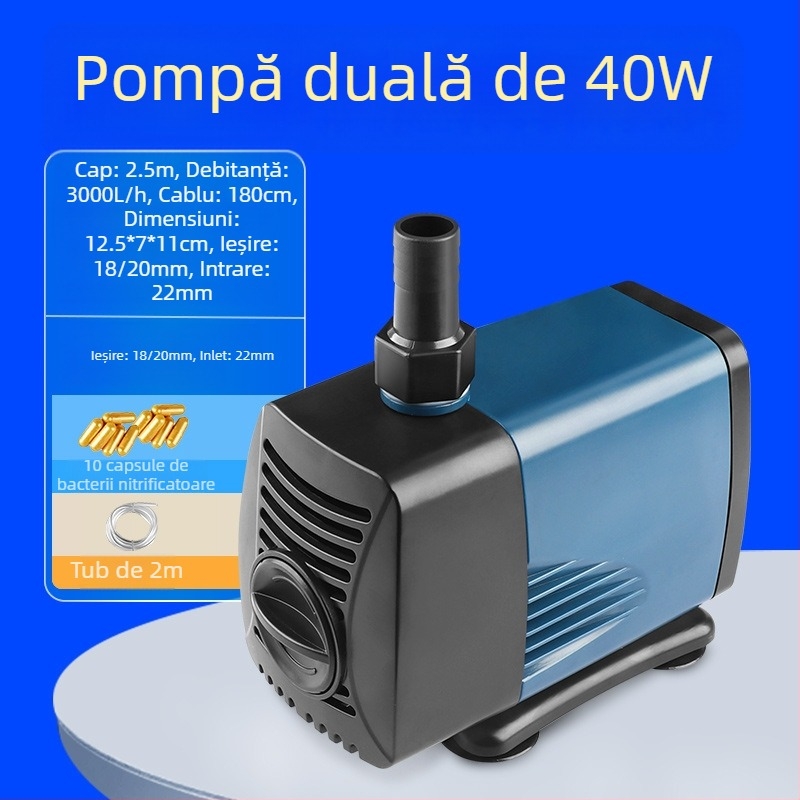 Pompa submersibilă pentru acvariu, cu aspirație laterală, circulație și filtrare, design amfibiu, foarte silențioasă