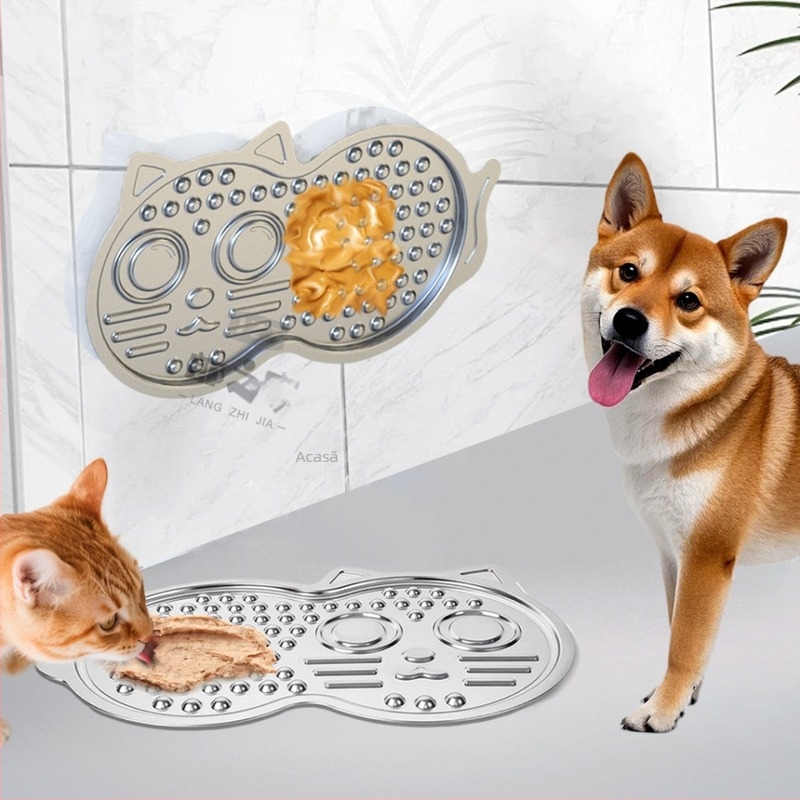 Placă de lins din oțel inoxidabil pentru animale, tavă cu alimentare lentă pentru pisici și câini, design anti-sufocare, Lang's House