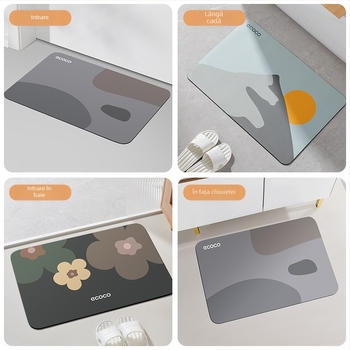 Covor de baie din argilă diatomită – absorbant, antiderapant, uscare rapidă; formă pătrată, model: flori; potrivit pentru baie și intrare