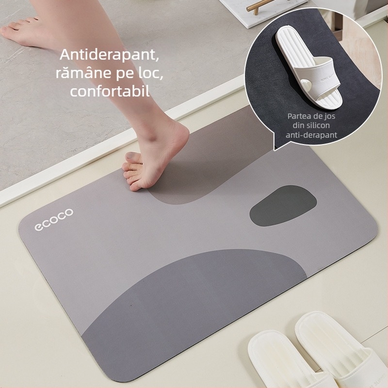 Covor de baie din argilă diatomită – absorbant, antiderapant, uscare rapidă; formă pătrată, model: flori; potrivit pentru baie și intrare