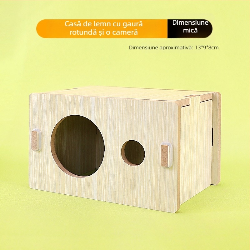 Casă din lemn pentru hamster cu un dormitor — lemn masiv, cuib pentru animale de companie mici